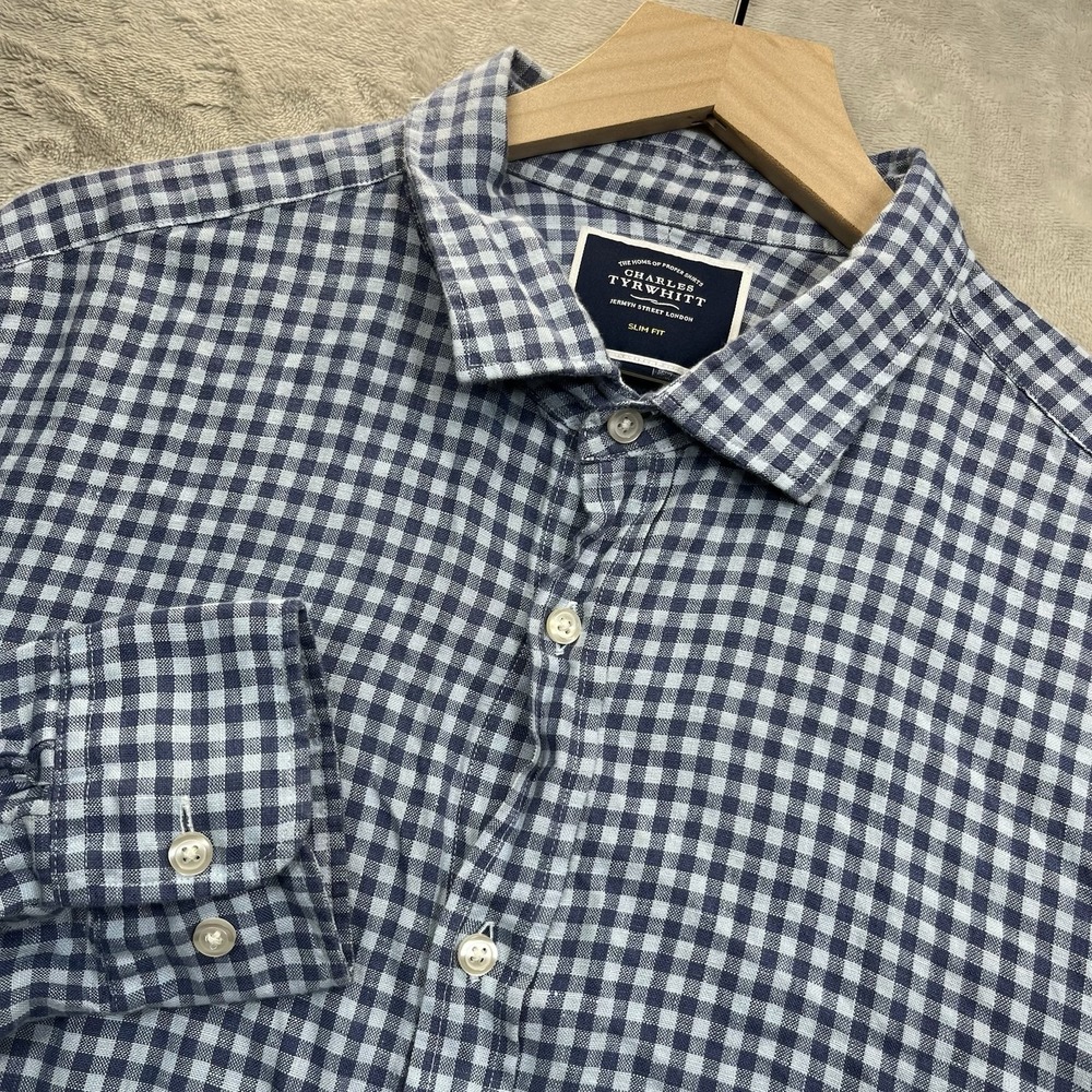 Charles Tyrwhitt Shirt Mens XL Blue Gingham Check Slim Fit Linen Button Up